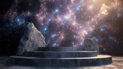 Stone podium backdrop for product display with abstract galaxy night scene. 3d rendering.