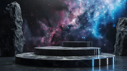 Stone podium backdrop for product display with abstract galaxy night scene. 3d rendering.