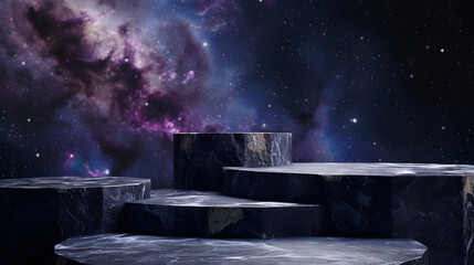 Stone podium backdrop for product display with abstract galaxy night scene. 3d rendering.