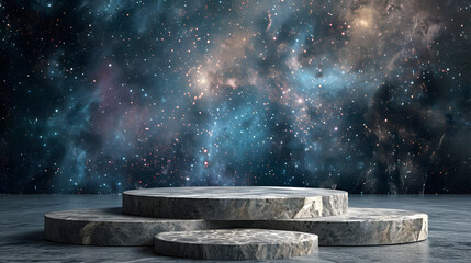 Stone podium backdrop for product display with abstract galaxy night scene. 3d rendering.