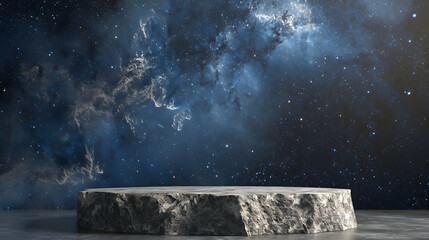 Stone podium backdrop for product display with abstract galaxy night scene. 3d rendering.