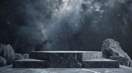 Stone podium backdrop for product display with abstract galaxy night scene. 3d rendering.