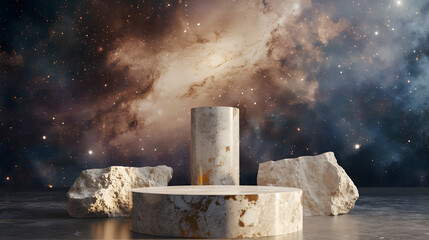 Stone podium backdrop for product display with abstract galaxy night scene. 3d rendering.