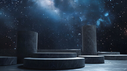 Stone podium backdrop for product display with abstract galaxy night scene. 3d rendering.