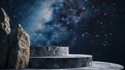 Stone podium backdrop for product display with abstract galaxy night scene. 3d rendering.