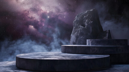 Stone podium backdrop for product display with abstract galaxy night scene. 3d rendering.