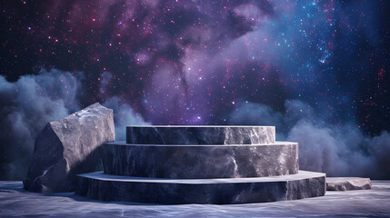 Stone podium backdrop for product display with abstract galaxy night scene. 3d rendering.
