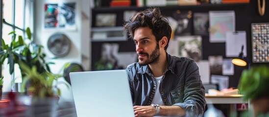 Male designer working on laptop in design studio office.