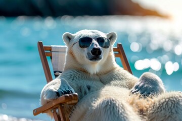 A cool and confident polar bear lounges in the great outdoors, donning stylish sunglasses as he relaxes in a sleek wooden chair, his presence rivaling that of a regal lemur