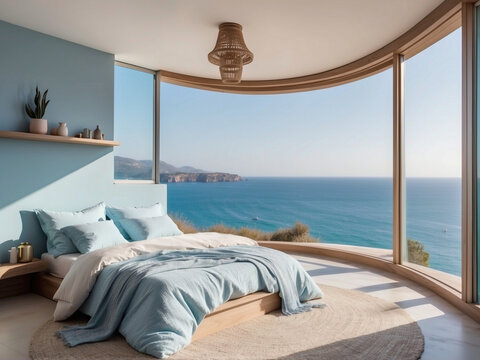 Sea view bedroom with blue pillows and blankets, seaside bedroom, modern bedroom interior design