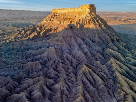 Drone photo of eroded badlands near Hanksville. Factory Butte aerial photo. Moab. Utah. USA