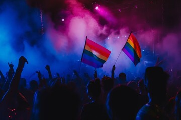 A vibrant crowd waves their magenta and violet flags in unison, as they are swept away by the music at the electrifying concert event