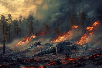 As a wildfire rages through the forest, a group of dinosaurs struggle to survive amidst the smoke-filled sky and burning trees, facing the brutal force of nature and the looming threat of a volcanic 