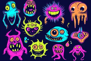 Fotobehang An eclectic group of whimsical cartoon monsters, each with their own unique skull-inspired design, come to life in a vibrant illustration bursting with lively graphics and playful clipart © ChaoticMind