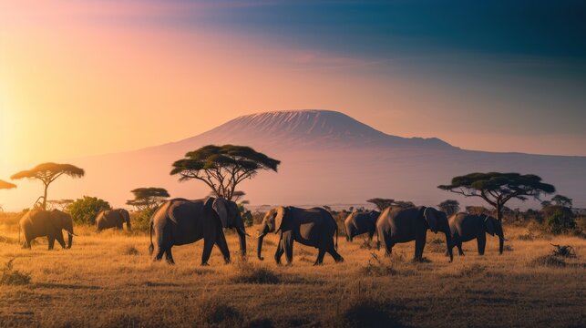  a herd of elephants walking across a dry grass field with a mountain in the background in the distance, with trees and bushes in the foreground, in the foreground, a.