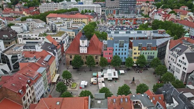 Aerial drone view of Jena‘s Market place or Marktplatz in Jena , Thuringia, Germany