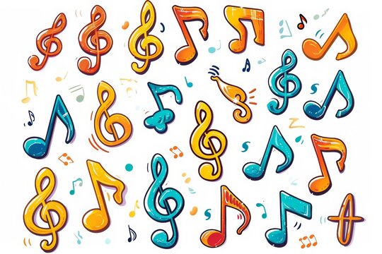 A vibrant and playful illustration of a group of cartoon music notes, showcasing a unique and eye-catching design in the form of clipart art