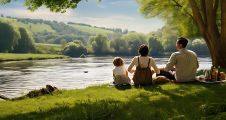 family having picnic by the river, ai generated. - obrazy, fototapety, plakaty