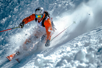 Thrill-seeking skier braves the snowy slopes, equipped with ski poles and determination for an...