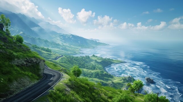  a digital painting of a scenic view of the ocean and a road on the side of a cliff overlooking the ocean on a sunny day with white clouds and blue sky.
