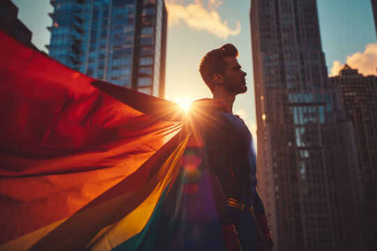 A fearless figure soars above the bustling city streets, his superhero suit shining against the backdrop of skyscrapers and clouds in the endless sky