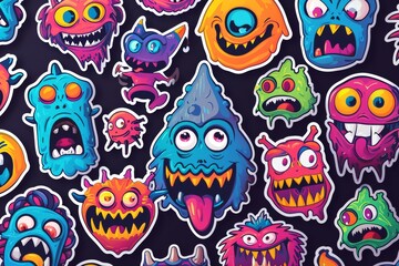 Naklejka premium A vibrant and whimsical illustration of cartoon monsters, brought to life through psychedelic art and intricate drawing techniques, perfect for adorning fabric or adding a playful touch to any artist