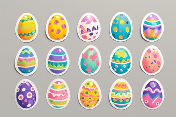 Vibrant and whimsical child-like art brings a colorful burst of joy to a group of circular stickers featuring adorable egg designs