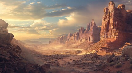  an artist's rendering of a desert landscape with mountains, rocks, and a river in the middle of the desert, with a cloudy sky in the background. - obrazy, fototapety, plakaty
