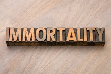 immortality word in vintage letterpress wood type printing blocks, indefinite continuation of a person's existence, even after death