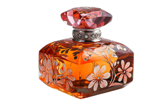 Elegant Orange Cube Perfume Bottle Clear Glass With Floral Pattern On Transparent Background