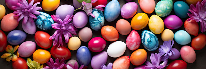 Fototapeta na wymiar Top view of colorful Easter eggs with flower decoration on dark surface. Multicolor painted eggs banner. Generative AI.