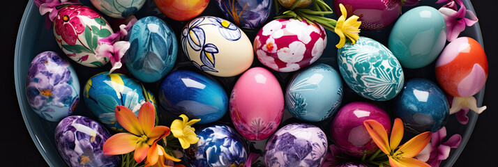 Fototapeta premium Top view of colorful Easter eggs with flower decoration inside a bowl on black background. Multicolor painted eggs banner. Generative AI.