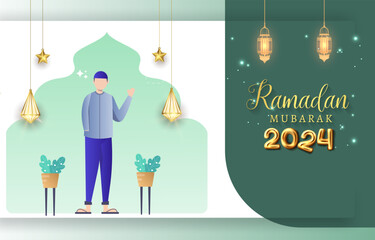 ramadan mubarak 2024 banner with green and white background design