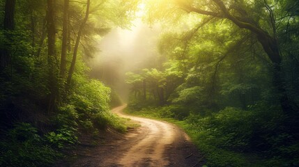 Obraz premium a dirt road in the middle of a lush green forest with sunbeams shining through the trees on both sides of the road is a dirt path that runs through the woods.
