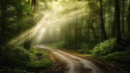  a dirt road in the middle of a forest with sunlight streaming through the trees and a light beam coming out of the top of the trees in the middle of the forest.