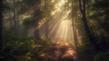  a dirt path in the middle of a forest with sunbeams shining through the trees on either side of the path is a dirt path that runs through the woods. - obrazy, fototapety, plakaty