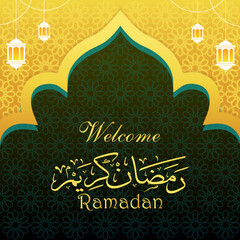 welcome ramadan kareem 2024 banner with green and yellow background design