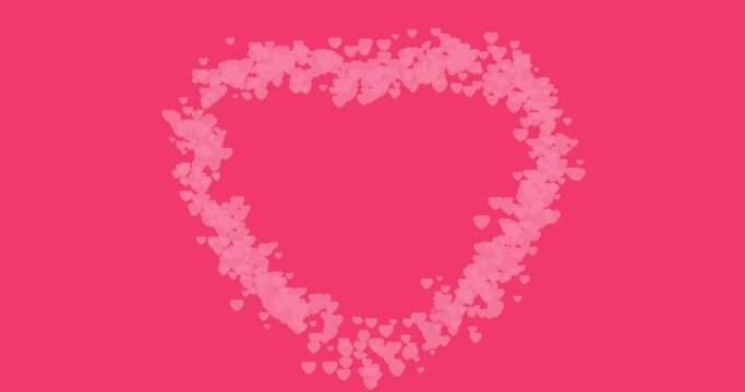 Heart frame made of pink hearts animation on a pink background. Heart animation for Women's day, Valentine's Day, and Wedding anniversary