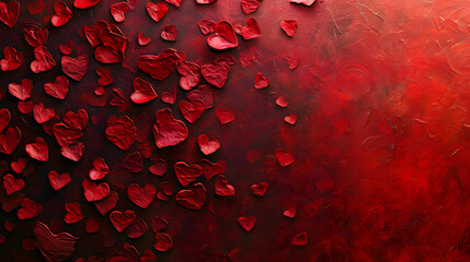 A vibrant burst of color and life as raindrops dance upon a sea of red heart-shaped petals, creating an abstract display of maroon hues and endless colorfulness
