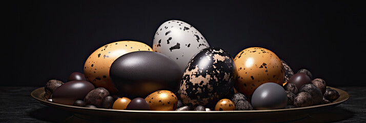 Dark and ambar Easter eggs in a bronze platter with snall eggs decorationon dark background. Black, white, gray and yellow painted eggs banner. Generative AI. - obrazy, fototapety, plakaty