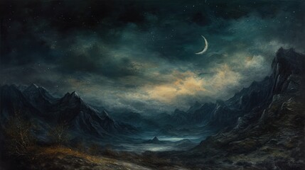  a painting of a dark mountain landscape with a half moon in the sky above a body of water with a mountain range in the foreground and a cloudy sky with a few stars. - obrazy, fototapety, plakaty