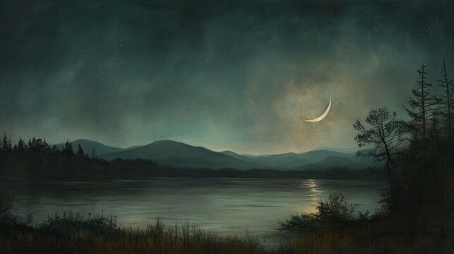  a painting of a moon over a body of water with a mountain range in the background and a lake in the foreground with grass and trees in the foreground.