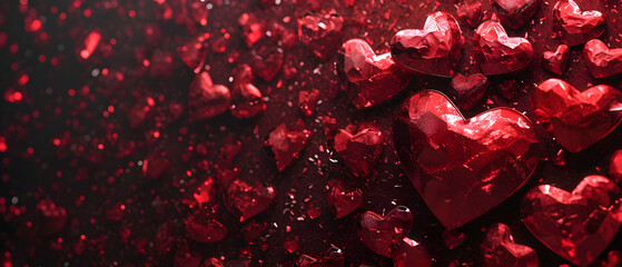 Vibrant red hearts unite, radiating love and passion in a group embrace - obrazy, fototapety, plakaty