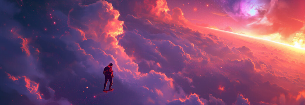 Colorful Space Scene With A Person Riding A Skateboard. 
Driving In The Cosmos, Colorful Clouds