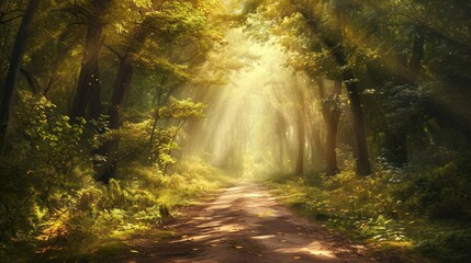 Obraz premium a dirt road in the middle of a forest with sunbeams shining through the trees on either side of the road is a dirt road that leads to a forest with lots of trees on both sides.