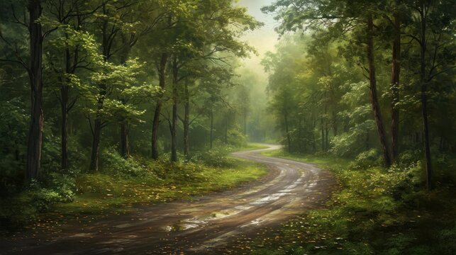  a painting of a dirt road in the middle of a forest with lots of trees on both sides of the road and a puddle in the middle of the road.
