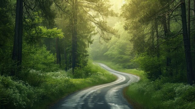  a painting of a road in the middle of a forest with trees on both sides of the road and the sun shining through the trees on the other side of the road.