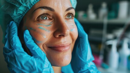 Cheerful excited middle aged woman in medical hat with pre surgery marks on her face looking at copy space for ad and smiling, surgeon hands in blue gloves touching female skin - Powered by Adobe