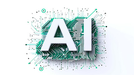 AI text in bold white font on a green circuit board over white background . Artificial Intelligence. 