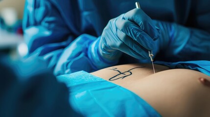 plastic surgeon marking womans body for surgery - obrazy, fototapety, plakaty